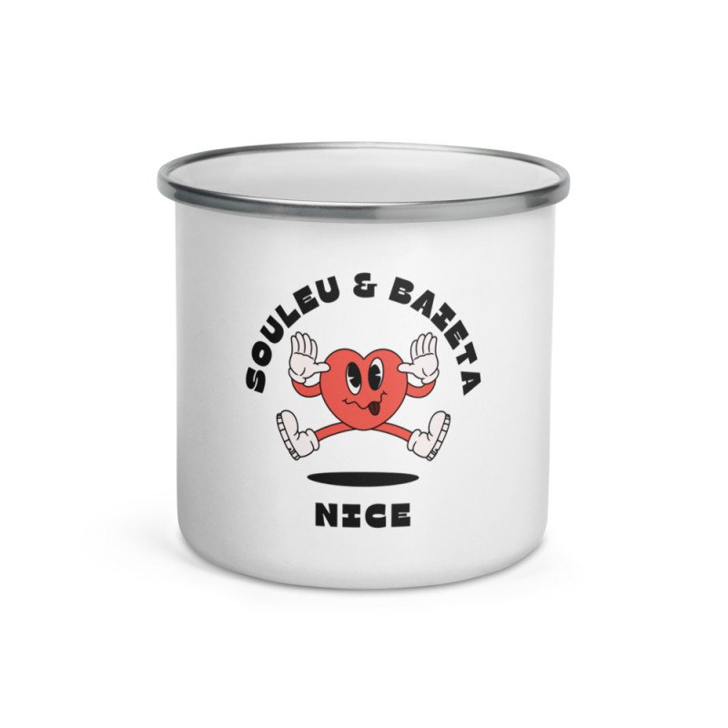 Mug émaillé "Souleu & Baieta – Nice" | Illustration cœur rigolo